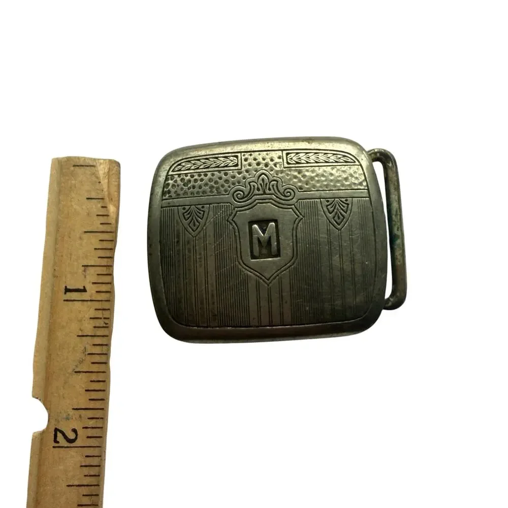 Antique R.M. Co. Silver Plate Engraved Monogram M Belt Buckle Art Deco
